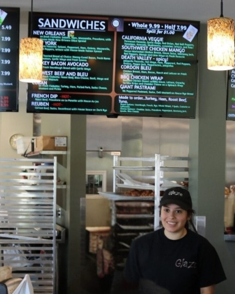 Glaze sandwich menu boards on SmartSign2Go screens above the counter